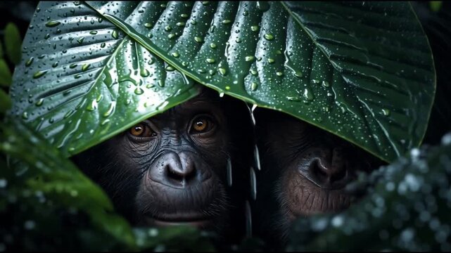Orangutans Under a Leaf Canopy: A captivating portrait of two orangutans huddled beneath the sheltering embrace of a large, glistening leaf.