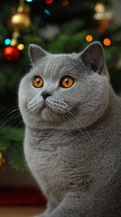 The face of a white cat is captured in a close-up portrait, its big blue eyes standing out against a blurred background of bokeh lights, with detailed whiskers and soft fur visible in warm tones