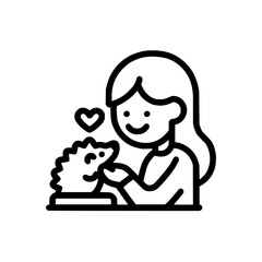 A girl petting a hedgehog with a heart above it in a black and white line drawing style illustration