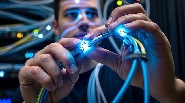 Technician Connects Fiber Optic Cables in Server Room with Blue Light Effects
