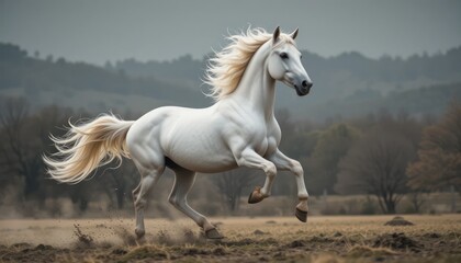 Majestic White Stallion Galloping Freely Across Serene Countryside