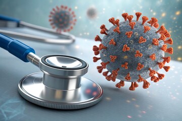 Close up of a medical stethoscope next to a detailed 3d rendering of the sars cov 2 virus representing healthcare and medical research during the pandemic