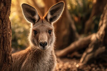 Fototapeta premium Kangaroo stands among trees in the warm sunlight of a quiet Australian bush during the late afternoon, showcasing its curious nature and detailed fur texture
