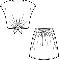 : Trendy women's back tie crop top and drawstring mini skirt flat sketch, summer casual wear design, technical fashion illustration, stylish outfit.