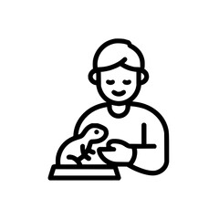 Person feeding a small reptile from a bowl while smiling in a black and white outline illustration style