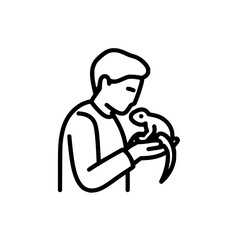 Person holding a small lizard in their hands with a simple line drawing style and a white background here