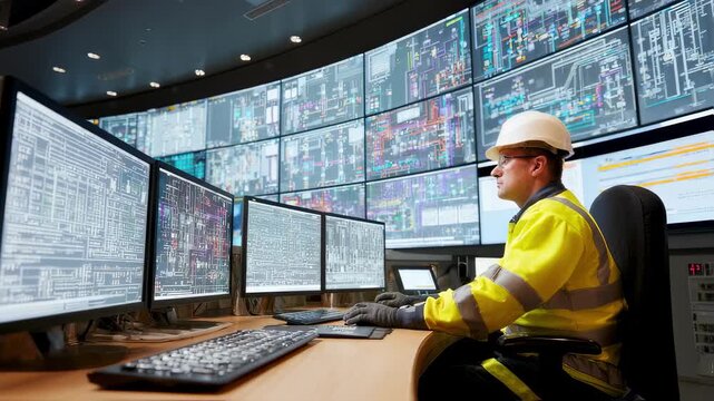 Engineer in safety gear reviewing complex reactor parameters displayed on digital monitors coordinating test schedules in a modern nuclear facility control room.