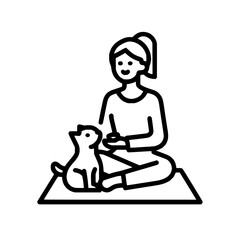 Illustration of a woman sitting cross legged on a mat with a small dog looking up at her in black outline