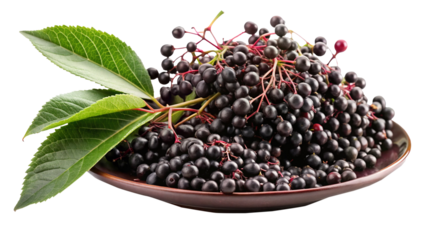 Plate filled with ripe elderberries and green leaves on a white background