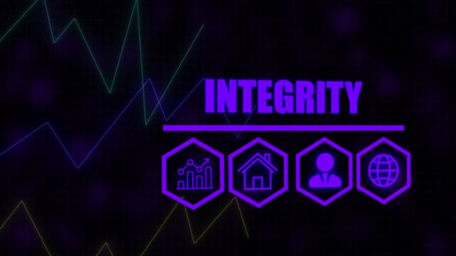 A Integrity business concept on a flashing computer monitor with moving graphs and data. Growing market trend concept. a digital candlestick financial market chart bars. Trading and investment