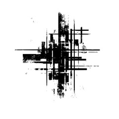 Abstract black and white grunge composition with intersecting lines and rectangular shapes creating texture