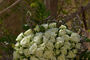 Floral background of faux roses is saddled with bright light