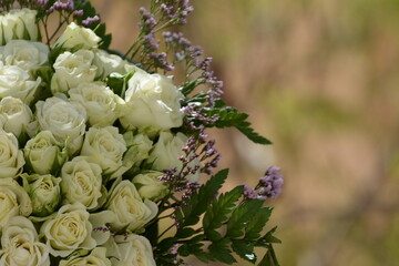 Floral background of faux roses is saddled with bright light