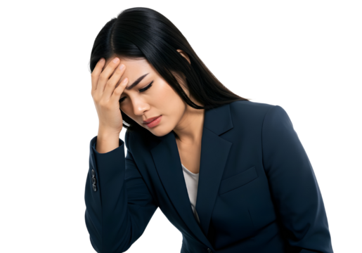 Woman Holding Head in Frustration Emotionally drained businesswoman dealing with stress or burnout