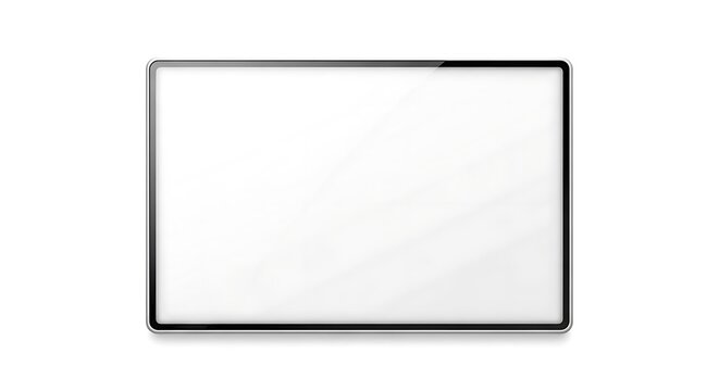 A blank digital tablet with a silver frame is displayed against a white background in a studio setting