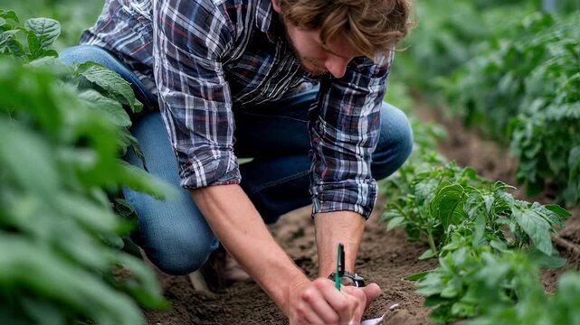 Agronomist carefully measuring crop height and leaf size metrics standing amidst test plots evaluating different fertilizer treatments on a farm.
