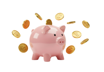 Piggy Bank with Coins Floating A cute piggy bank with golden coins symbolizing savings and smart investments