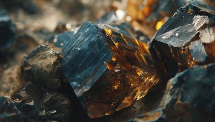 Obraz premium Close-up of multifaceted, amber-colored crystals nestled within dark, rough rocks