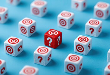 A red die with a question mark symbol amidst white dice with target icons