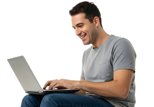 Casual Man Working on Laptop Young man smiling while working on a laptop, symbolizing flexibility and remote work - Powered by Adobe