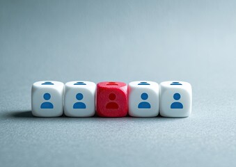 Obraz premium A row of small cubes, five white and one red, each displaying a small person icon. The red cube stands out