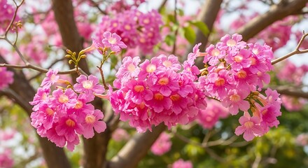Naklejka premium Spectacular Display of Pink Trumpet Tree Blossoms in Full Bloom Creating a Floral Fantasy