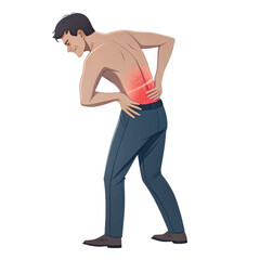 Fototapeta premium Man experiencing back pain while standing alone against a white background