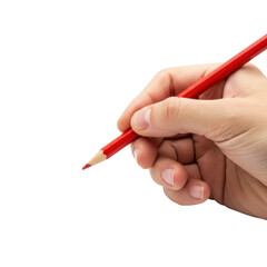 A human hand gripping a bright red pencil ready to draw or write on a blank surface isolated on transparent background
