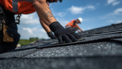 Professional Construction Workers Installing Roof Shingles Under a Clear Blue Sky