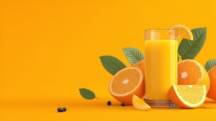 Freshly squeezed orange juice is showcased in a clear glass on a reflective surface set against a lively orange background, ideal for advertising healthy beverages and lifestyles