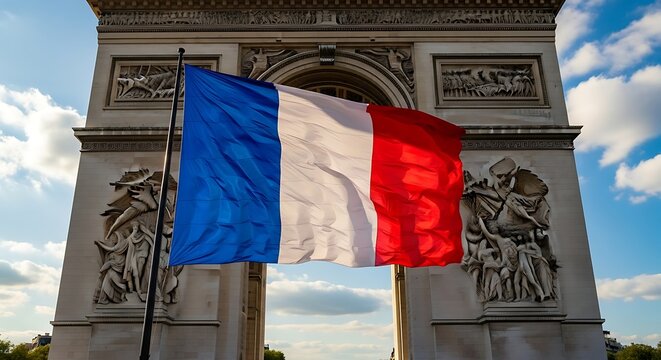 The French Flag Proudly Flies Before the Arc de Triomphe in Paris Landmark