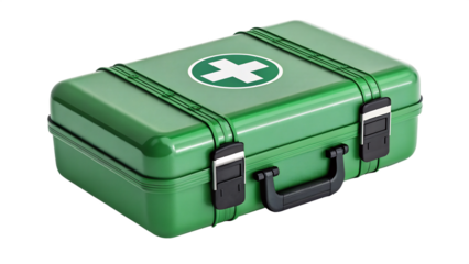 A green first aid kit box with a white cross, essential for emergency medical care and safety, isolated on transparent background