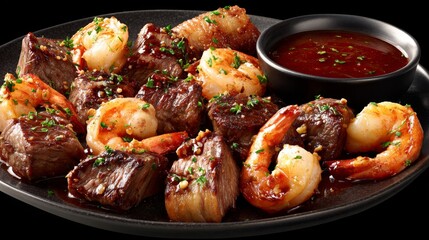 The dish features surf and turf kebabs, consisting of grilled beef and shrimp, served with a dipping sauce on a black plate and finished with fresh herbs