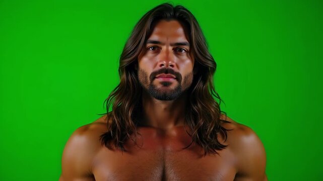 Powerful Samson portrait with long flowing hair and muscular physique on vibrant green screen background for visual effects and epic storytelling