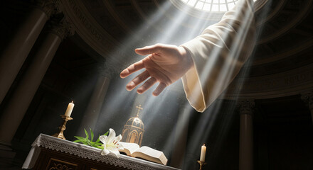 Close-up of Jesus' hand reaching from heaven in the temple ceiling. Miracle of saving the life of Jesus Christ, the Son of God. Christmas, Easter, love, heaven and salvation concept, Christianity