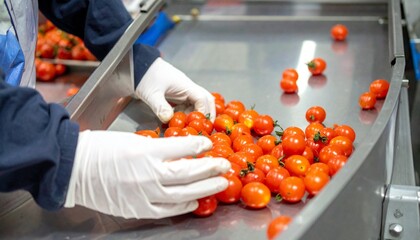 手袋を着用した作業員が高速選別ベルト上でチェリートマトを慎重に検査し、品質管理を行う様子

