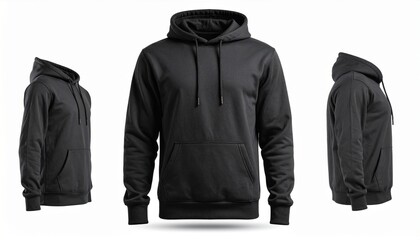 Hoodie for print design mockup, Black leather jacket displayed on hanger and white background