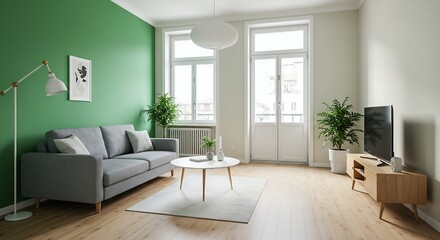 Fototapeta premium Scandinavian-inspired living room with grey sofa, lush plant, wooden floor, and green and white color palette