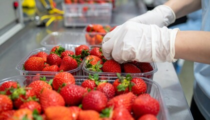 手袋をした作業員の手が新鮮ないちごを透明容器に丁寧に詰める食品生産ラインの高照度クローズアップシーン

