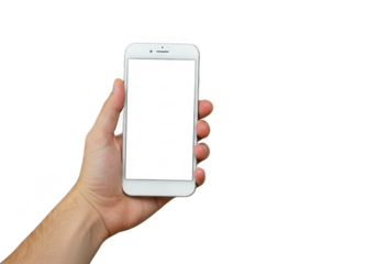 Hand holding white smartphone isolated on transparent background