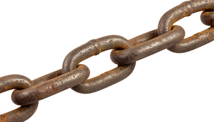 Obraz premium Old Rusty Metal Chain with Corroded Links Showing Signs of Wear and Decay Isolated on White Background