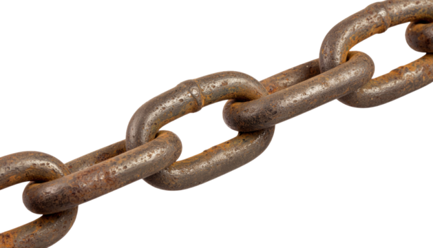 Old Rusty Metal Chain with Corroded Links Showing Signs of Wear and Decay Isolated on White Background