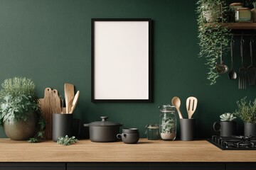 Empty frame on a dark green kitchen wall,  wood countertop, black utensils and plants