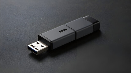 Modern dark gray usb flash drive with a black cap on a dark textured background