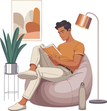 Man Sitting on Bean Bag Reading Book illustration isolated on transparent background