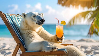 Polar bear lounging in a beach chair, enjoying a tropical drink on a sunny beach