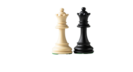 White and black queen chess pieces standing on white surface