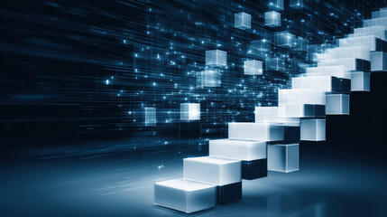 Clean white 3D staircase blocks on blue background representing progress, growth, success steps and business achievement