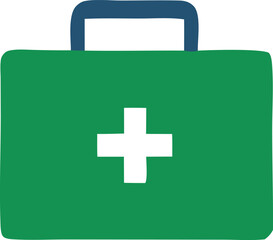 A bright green first aid kit with a white cross symbol and a dark blue handle representing emergency medical supplies and preparedness