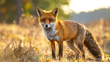 Fototapeta premium Captivating fox portrait amidst golden hour glows in a serene field setting